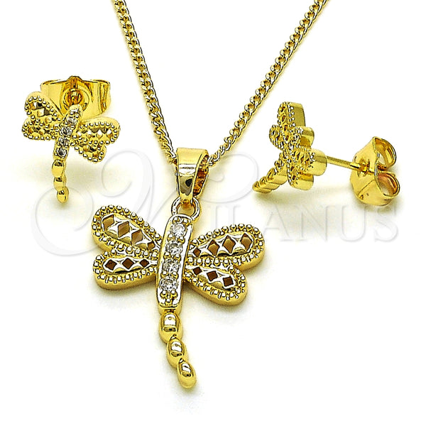 Juego de Arete y Dije de Adulto 10.210.0165 Oro Laminado, Diseño de Libélula, con Zirconia Cubica Blanca, Pulido, Tono Dorado