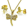 Juego de Arete y Dije de Adulto 10.210.0165 Oro Laminado, Diseño de Libélula, con Zirconia Cubica Blanca, Pulido, Tono Dorado
