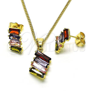 Juego de Arete y Dije de Adulto 10.210.0167.4 Oro Laminado, Diseño de Baguette, con Multicolor Zirconia Cubica, Pulido, Tono Dorado