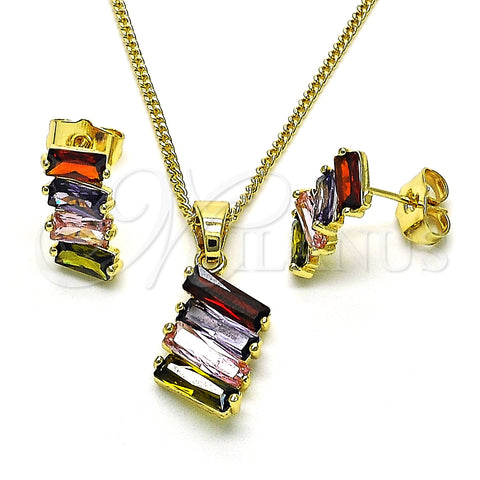 Juego de Arete y Dije de Adulto 10.210.0167.4 Oro Laminado, Diseño de Baguette, con Multicolor Zirconia Cubica, Pulido, Tono Dorado