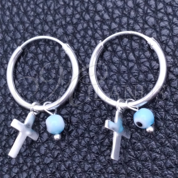 Argolla Pequeña 02.401.0034.15 Plata Rodinada, Diseño de Ojo Griego y Cruz, con Zirconia Cubica Aqua Azul, Pulido, Tono Plateado