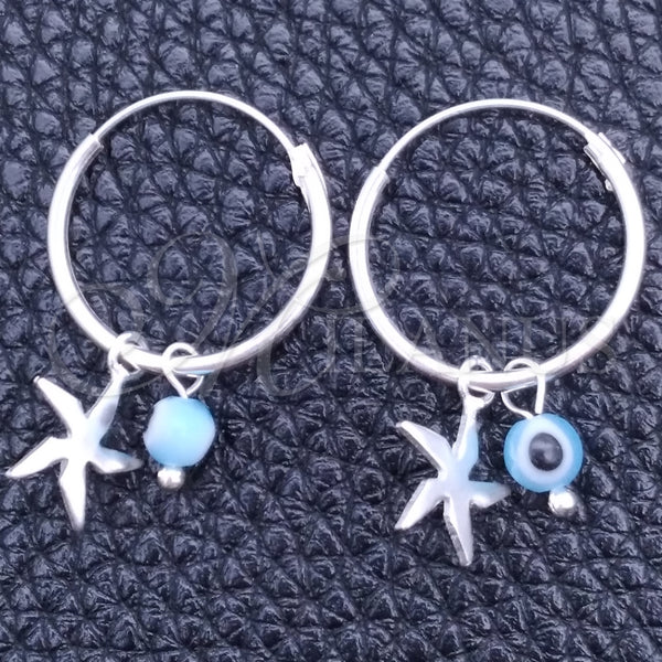 Argolla Pequeña 02.401.0037.15 Plata Rodinada, Diseño de Ojo Griego y Flor, con Cristal Aqua Azul, Pulido, Tono Plateado