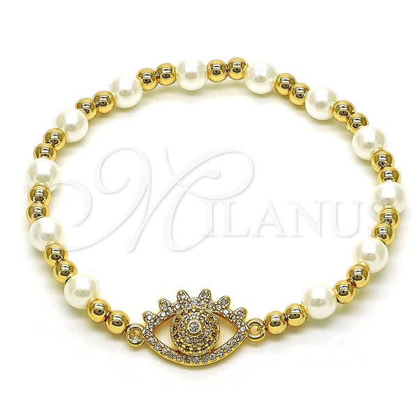 Pulsera Elegante 03.299.0104.07 Oro Laminado, Diseño de Bead Expandible y Ojo Griego, con Blanca Micro Pave and Marfil Perla, Pulido, Tono Dorado (06 MM Thickness, 7 Inches Length)