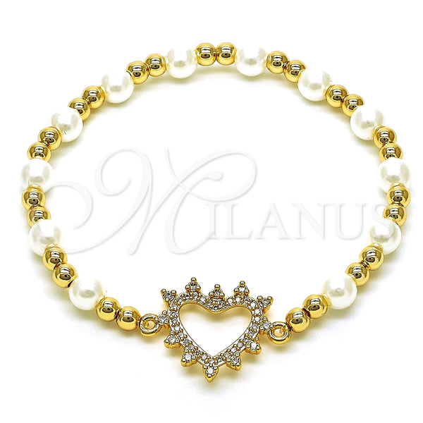Pulsera Elegante 03.299.0105.07 Oro Laminado, Diseño de Bead Expandible y Corazón, con Blanca Micro Pave and Marfil Perla, Pulido, Tono Dorado (06 MM Thickness, 7 Inches Length)