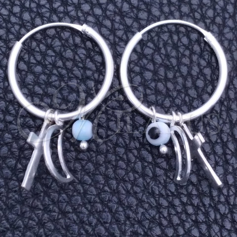 Argolla Pequeña 02.402.0004.15 Plata Rodinada, Diseño de Ojo Griego y Cruz, con Cristal Aqua Azul, Pulido, Tono Plateado