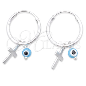 Argolla Pequeña 02.402.0009.15 Plata Rodinada, Diseño de Ojo Griego y Cruz, con Cristal Aqua Azul, Pulido, Tono Plateado
