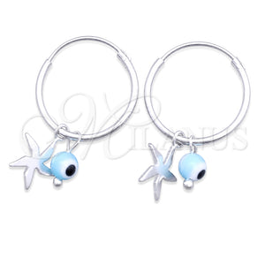 Argolla Pequeña 02.402.0010.15 Plata Rodinada, Diseño de Ojo Griego y Flor, con Cristal Aqua Azul, Pulido, Tono Plateado