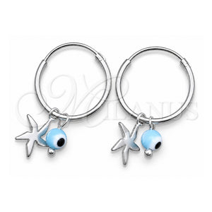 Argolla Pequeña 02.402.0010.15 Plata Rodinada, Diseño de Ojo Griego y Flor, con Cristal Aqua Azul, Pulido, Tono Plateado