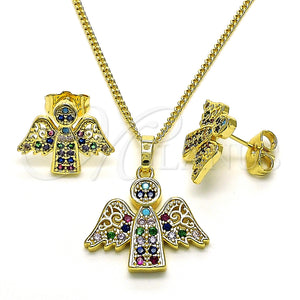Juego de Arete y Dije de Adulto 10.284.0028.1 Oro Laminado, Diseño de Angel, con Multicolor Zirconia Cubica, Pulido, Tono Dorado