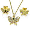 Juego de Arete y Dije de Adulto 10.284.0029 Oro Laminado, Diseño de Mariposa, con Multicolor Zirconia Cubica, Pulido, Tono Dorado