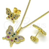 Juego de Arete y Dije de Adulto 10.284.0029 Oro Laminado, Diseño de Mariposa, con Multicolor Zirconia Cubica, Pulido, Tono Dorado