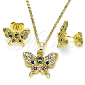 Juego de Arete y Dije de Adulto 10.284.0029 Oro Laminado, Diseño de Mariposa, con Multicolor Zirconia Cubica, Pulido, Tono Dorado