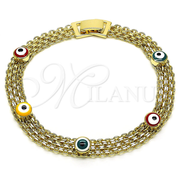 Pulsera Elegante 03.213.0157.08 Oro Laminado, Diseño de Ojo Griego y Bismarco, Esmaltado Multicolor, Tono Dorado (08 MM Thickness, 8 Inches Length)