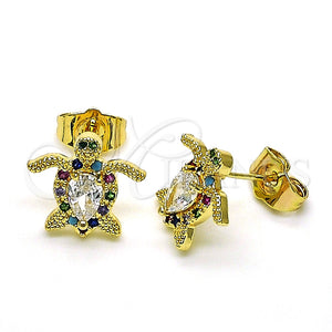Arete Dormilona 02.210.0750.1 Oro Laminado, Diseño de Tortuga, con Multicolor Micro Pave and Blanca Zirconia Cubica, Pulido, Tono Dorado