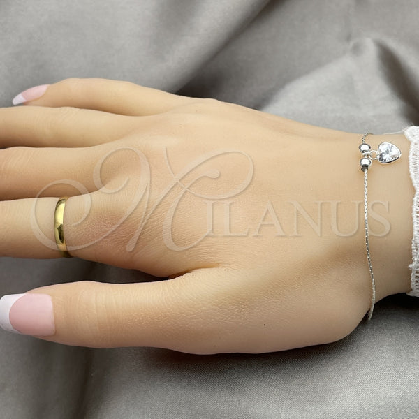 Pulsera Bolo Ajustable 03.402.0010.07 Plata Rodinada, Diseño de Corazón y Bola, con Zirconia Cubica Blanca, Pulido, Tono Plateado (Grosor 02 MM, 7 Pulgadas de Largo)