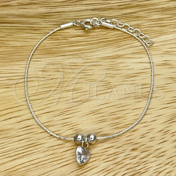 Pulsera Bolo Ajustable 03.402.0010.07 Plata Rodinada, Diseño de Corazón y Bola, con Zirconia Cubica Blanca, Pulido, Tono Plateado (Grosor 02 MM, 7 Pulgadas de Largo)