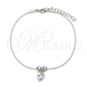 Pulsera Bolo Ajustable 03.402.0010.07 Plata Rodinada, Diseño de Corazón y Bola, con Zirconia Cubica Blanca, Pulido, Tono Plateado (Grosor 02 MM, 7 Pulgadas de Largo)