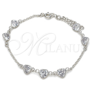 Pulsera Bolo Ajustable 03.402.0012.07 Plata Rodinada, Diseño de Corazón, con Zirconia Cubica Blanca, Pulido, Tono Plateado (Grosor 02 MM, 7 Pulgadas de Largo)