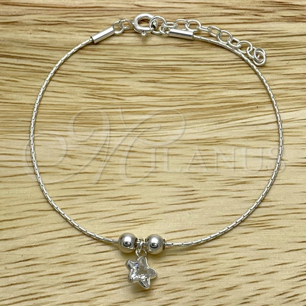 Pulsera Bolo Ajustable 03.402.0013.07 Plata Rodinada, Diseño de Estrella y Bola, Pulido, Tono Plateado (Grosor 02 MM, 7 Pulgadas de Largo)