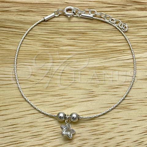 Pulsera Bolo Ajustable 03.402.0013.07 Plata Rodinada, Diseño de Estrella y Bola, Pulido, Tono Plateado (Grosor 02 MM, 7 Pulgadas de Largo)