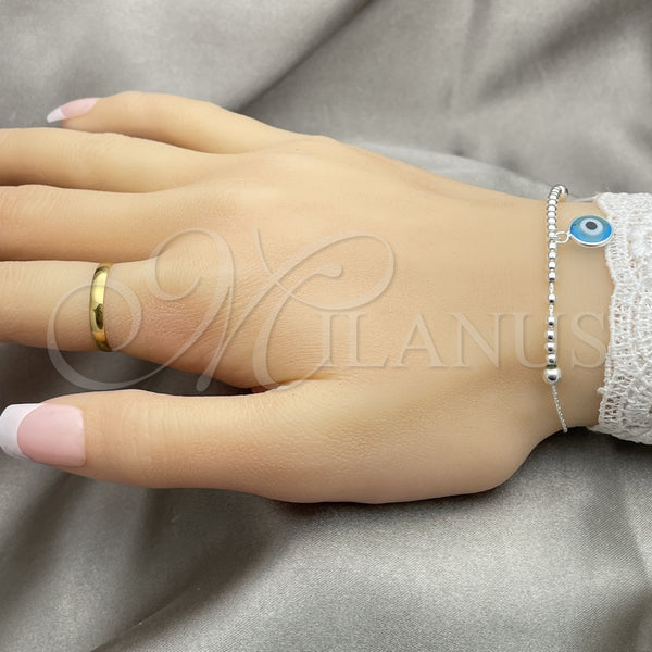 Pulsera Bolo Ajustable 03.402.0014.07 Plata Rodinada, Diseño de Bola y Ojo Griego, con Cristal Topacio Azul, Pulido, Tono Plateado (Grosor 02 MM, 7 Pulgadas de Largo)
