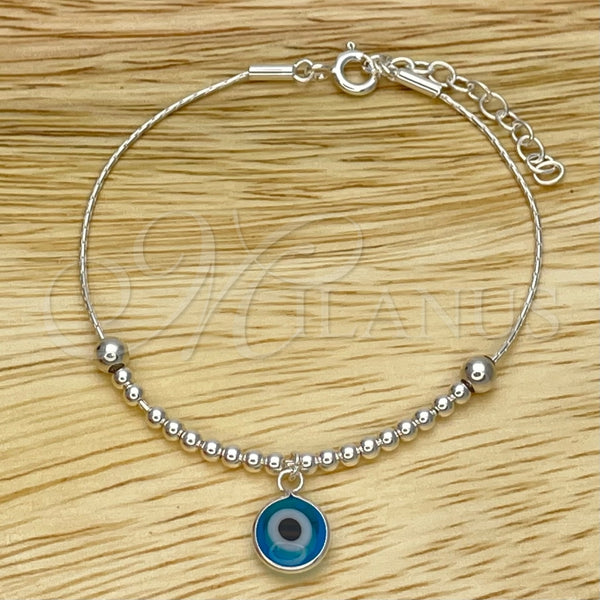Pulsera Bolo Ajustable 03.402.0014.07 Plata Rodinada, Diseño de Bola y Ojo Griego, con Cristal Topacio Azul, Pulido, Tono Plateado (Grosor 02 MM, 7 Pulgadas de Largo)