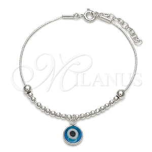 Pulsera Bolo Ajustable 03.402.0014.07 Plata Rodinada, Diseño de Bola y Ojo Griego, con Cristal Topacio Azul, Pulido, Tono Plateado (Grosor 02 MM, 7 Pulgadas de Largo)
