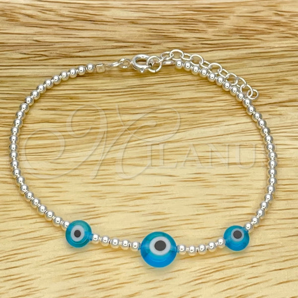 Pulsera Bolo Ajustable 03.402.0016.07 Plata Rodinada, Diseño de Bola y Ojo Griego, con Cristal Topacio Azul, Pulido, Tono Plateado (Grosor 02 MM, 7 Pulgadas de Largo)