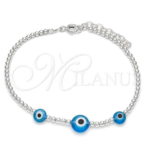 Pulsera Bolo Ajustable 03.402.0016.07 Plata Rodinada, Diseño de Bola y Ojo Griego, con Cristal Topacio Azul, Pulido, Tono Plateado (Grosor 02 MM, 7 Pulgadas de Largo)