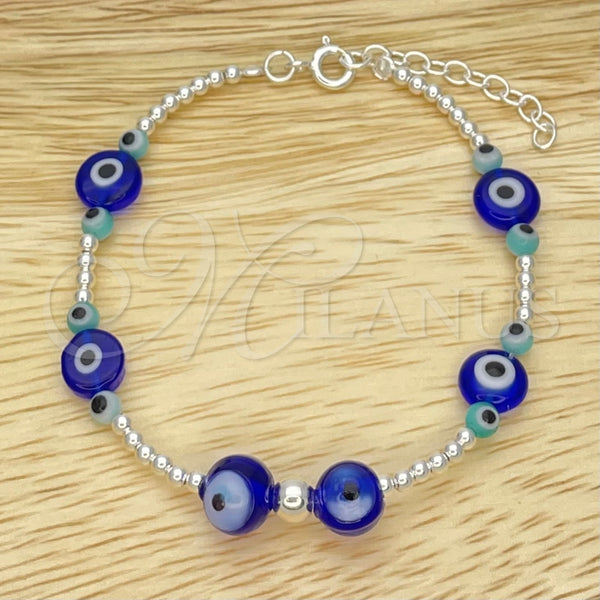 Pulsera Bolo Ajustable 03.402.0021.07 Plata Rodinada, Diseño de Bola y Ojo Griego, con Cristal Turquoise y Topacio Azul, Pulido, Tono Plateado (Grosor 02 MM, 7 Pulgadas de Largo)