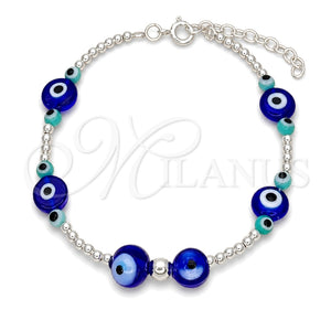 Pulsera Bolo Ajustable 03.402.0021.07 Plata Rodinada, Diseño de Bola y Ojo Griego, con Cristal Turquoise y Topacio Azul, Pulido, Tono Plateado (Grosor 02 MM, 7 Pulgadas de Largo)