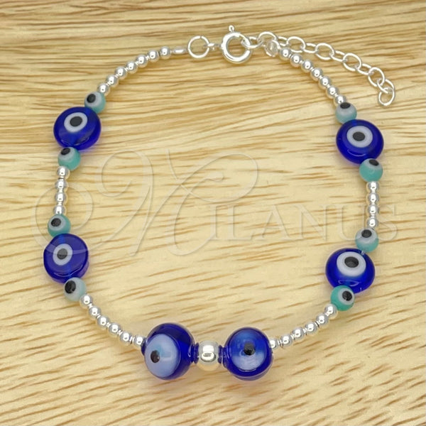 Pulsera Bolo Ajustable 03.402.0021.07 Plata Rodinada, Diseño de Bola y Ojo Griego, con Turquoise and Topacio Azul Cristal, Pulido, Tono Plateado (02 MM Thickness, 7 Inches Length)