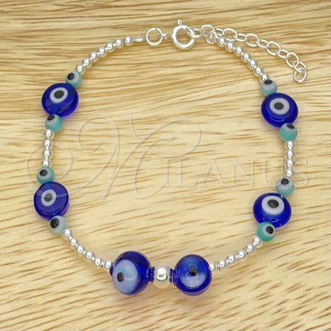 Pulsera Bolo Ajustable 03.402.0021.07 Plata Rodinada, Diseño de Bola y Ojo Griego, con Cristal Turquoise y Topacio Azul, Pulido, Tono Plateado (Grosor 02 MM, 7 Pulgadas de Largo)