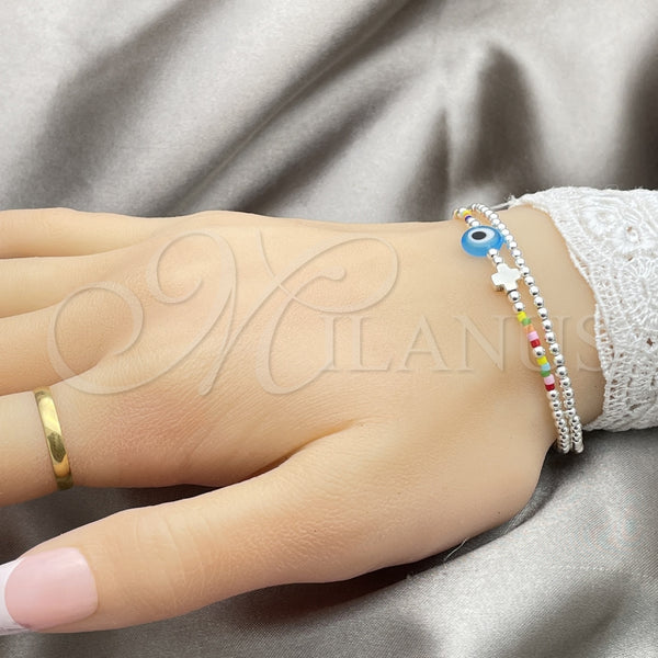 Pulsera Bolo Ajustable 03.402.0024.07 Plata Rodinada, Diseño de Bola y Ojo Griego, con Cristal Topacio Azul y Rojo Naranja, Pulido, Tono Plateado (Grosor 02 MM, 7 Pulgadas de Largo)