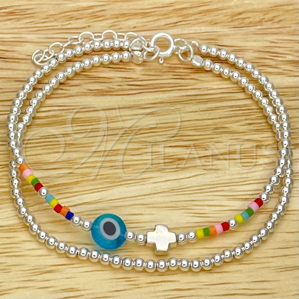 Pulsera Bolo Ajustable 03.402.0024.07 Plata Rodinada, Diseño de Bola y Ojo Griego, con Cristal Topacio Azul y Rojo Naranja, Pulido, Tono Plateado (Grosor 02 MM, 7 Pulgadas de Largo)
