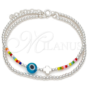 Pulsera Bolo Ajustable 03.402.0024.07 Plata Rodinada, Diseño de Bola y Ojo Griego, con Cristal Topacio Azul y Rojo Naranja, Pulido, Tono Plateado (Grosor 02 MM, 7 Pulgadas de Largo)