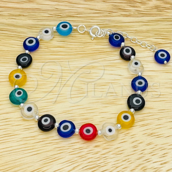 Pulsera Bolo Ajustable 03.402.0025.07 Plata Rodinada, Diseño de Bola y Ojo Griego, con Cristal Topacio Azul y Rojo Naranja, Pulido, Tono Plateado (Grosor 02 MM, 7 Pulgadas de Largo)