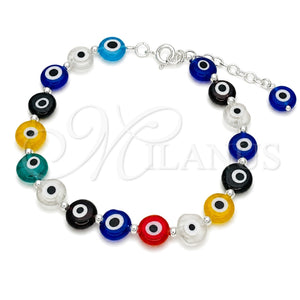 Pulsera Bolo Ajustable 03.402.0025.07 Plata Rodinada, Diseño de Bola y Ojo Griego, con Cristal Topacio Azul y Rojo Naranja, Pulido, Tono Plateado (Grosor 02 MM, 7 Pulgadas de Largo)