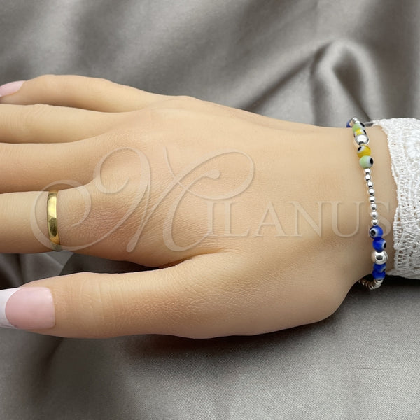 Pulsera Bolo Ajustable 03.402.0027.07 Plata Rodinada, Diseño de Bola y Ojo Griego, con Cristal Topacio Azul, Pulido, Tono Plateado (Grosor 02 MM, 7 Pulgadas de Largo)