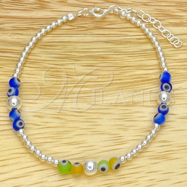 Pulsera Bolo Ajustable 03.402.0027.07 Plata Rodinada, Diseño de Bola y Ojo Griego, con Cristal Topacio Azul, Pulido, Tono Plateado (Grosor 02 MM, 7 Pulgadas de Largo)