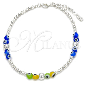 Pulsera Bolo Ajustable 03.402.0027.07 Plata Rodinada, Diseño de Bola y Ojo Griego, con Cristal Topacio Azul, Pulido, Tono Plateado (Grosor 02 MM, 7 Pulgadas de Largo)