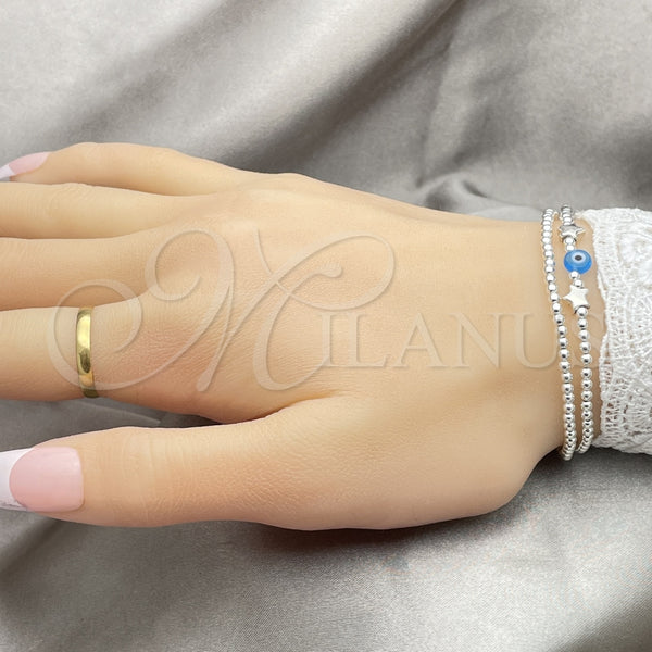 Pulsera Bolo Ajustable 03.402.0028.07 Plata Rodinada, Diseño de Bola y Ojo Griego, con Cristal Aqua Azul, Pulido, Tono Plateado (Grosor 02 MM, 7 Pulgadas de Largo)