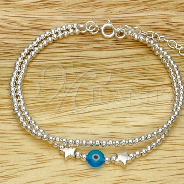 Pulsera Bolo Ajustable 03.402.0028.07 Plata Rodinada, Diseño de Bola y Ojo Griego, con Cristal Aqua Azul, Pulido, Tono Plateado (Grosor 02 MM, 7 Pulgadas de Largo)