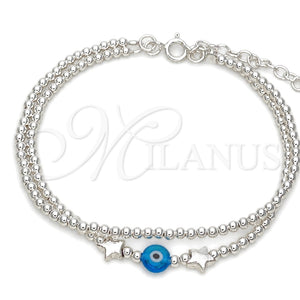 Pulsera Bolo Ajustable 03.402.0028.07 Plata Rodinada, Diseño de Bola y Ojo Griego, con Cristal Aqua Azul, Pulido, Tono Plateado (Grosor 02 MM, 7 Pulgadas de Largo)