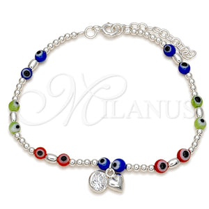 Pulsera Bolo Ajustable 03.402.0030.07 Plata Rodinada, Diseño de Bola y Ojo Griego, con Zirconia Cubica Blanca y Cristal Rojo Naranja, Pulido, Tono Plateado (Grosor 02 MM, 7 Pulgadas de Largo)