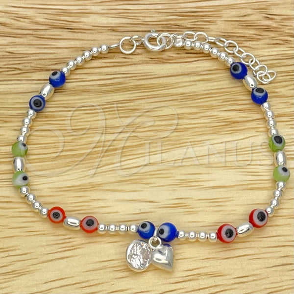 Pulsera Bolo Ajustable 03.402.0030.07 Plata Rodinada, Diseño de Bola y Ojo Griego, con Zirconia Cubica Blanca y Cristal Rojo Naranja, Pulido, Tono Plateado (Grosor 02 MM, 7 Pulgadas de Largo)
