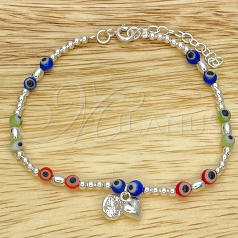 Pulsera Bolo Ajustable 03.402.0030.07 Plata Rodinada, Diseño de Bola y Ojo Griego, con Zirconia Cubica Blanca y Cristal Rojo Naranja, Pulido, Tono Plateado (Grosor 02 MM, 7 Pulgadas de Largo)