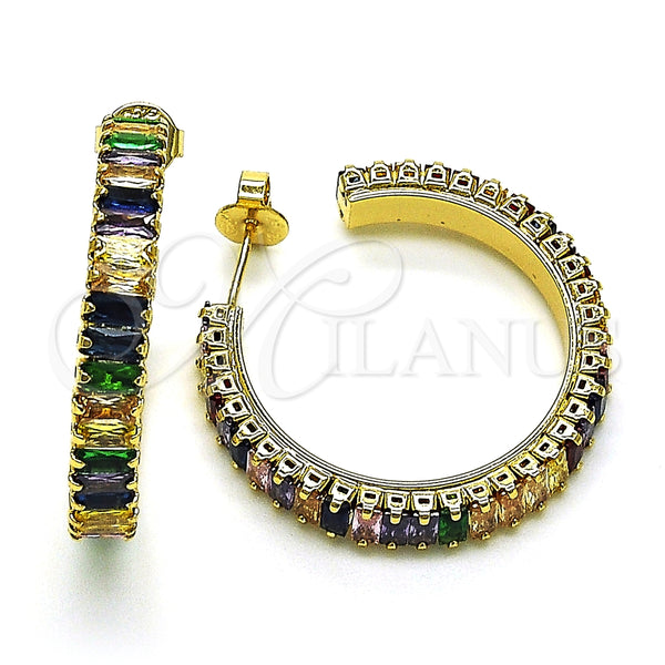 Arete Dormilona 02.64.0642.1 Oro Laminado, Diseño de Baguette, con Multicolor Zirconia Cubica, Pulido, Tono Dorado