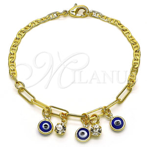 Pulsera de Dije 03.63.2247.08 Oro Laminado, Diseño de Ojo Griego y Paperclip, con Blanca Cristal, Resinado Azul, Tono Dorado (03 MM Thickness, 8 Inches Length)