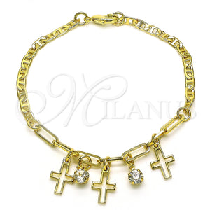 Pulsera de Dije 03.63.2248.08 Oro Laminado, Diseño de Cruz y Paperclip, con Blanca Cristal, Pulido, Tono Dorado (03 MM Thickness, 8 Inches Length)